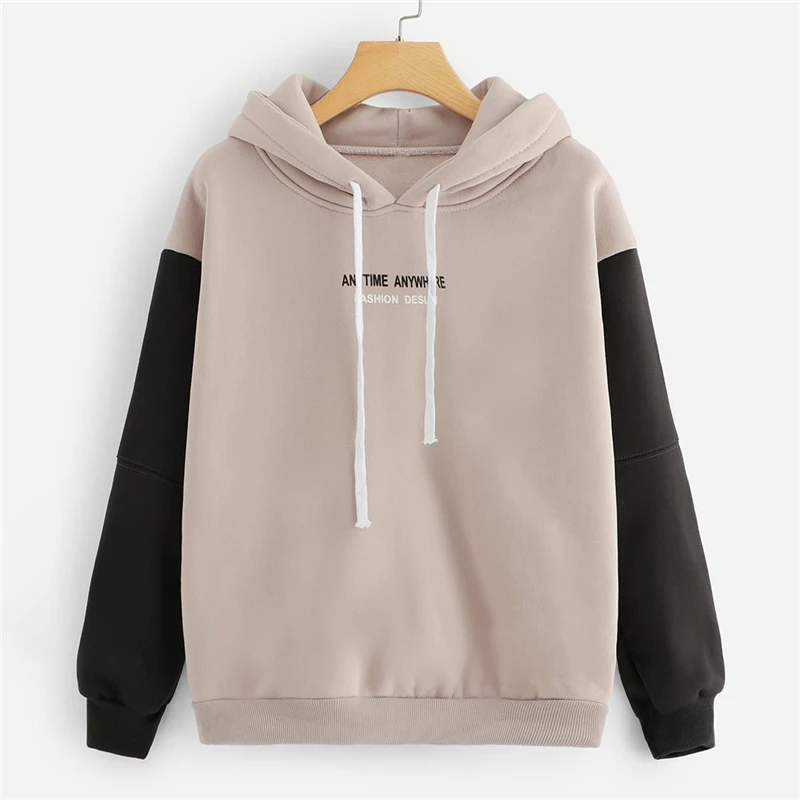 SweatyRocks толстовка с контрастными рукавами и надписями на шнурке, пуловер большого размера, топы, осенние женские повседневные толстовки с капюшоном