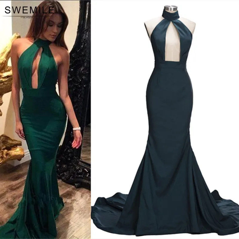 

Real Image Sexy Backless Halter Mermaid Prom Dresses Long Green Evening Gowns Female Formal Evening Party Gown Robe De Soiree