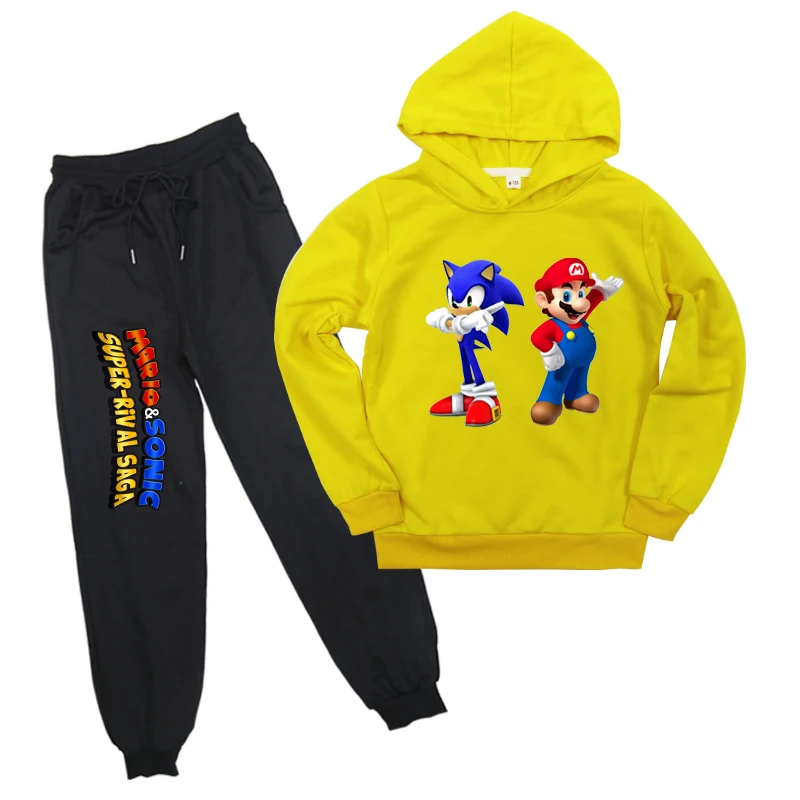 Sonic The Hedgehog Mario/детская одежда из 2 предметов, толстовка с капюшоном для мальчиков и девочек, штаны, худи, спортивная одежда, топы для детей - Цвет: Цвет: желтый