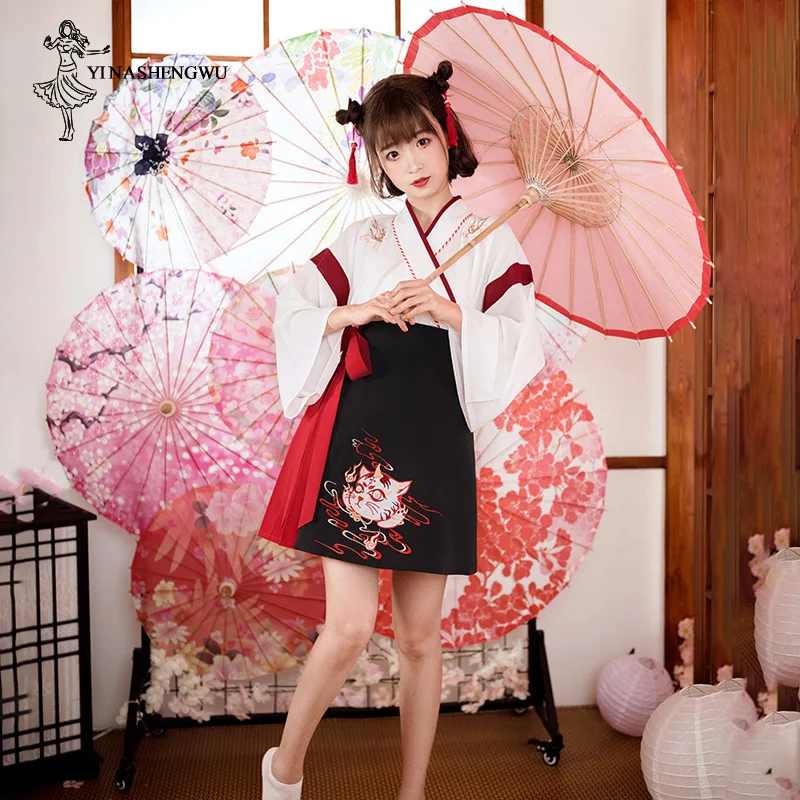 Japanese kimono Japanese Dress Kimono Woman Black White Cat Embroidery Skirts Vintage Asian Clothing Yukata Haori Cosplay Party 2 Pieces Sets