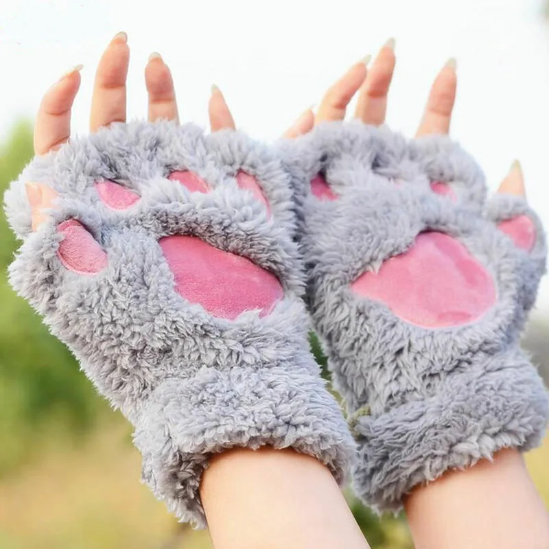 Новинка, брендовые зимние женские милые кошачья лапа с когтями, плюшевые рукавицы, Короткие перчатки без пальцев, перчатки с животными, теплые перчатки