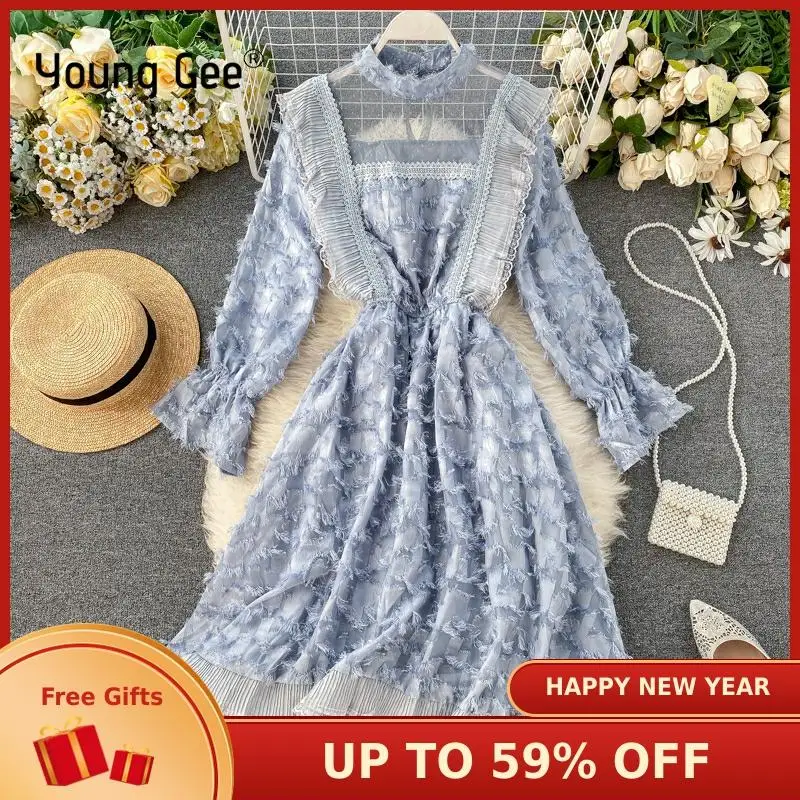 

Young Gee Women Vintage Tassel Dress High Waist Lady Chic Elastic Waist Ruffles Turtleneck Midi Irregular Hem Dresses Vestido