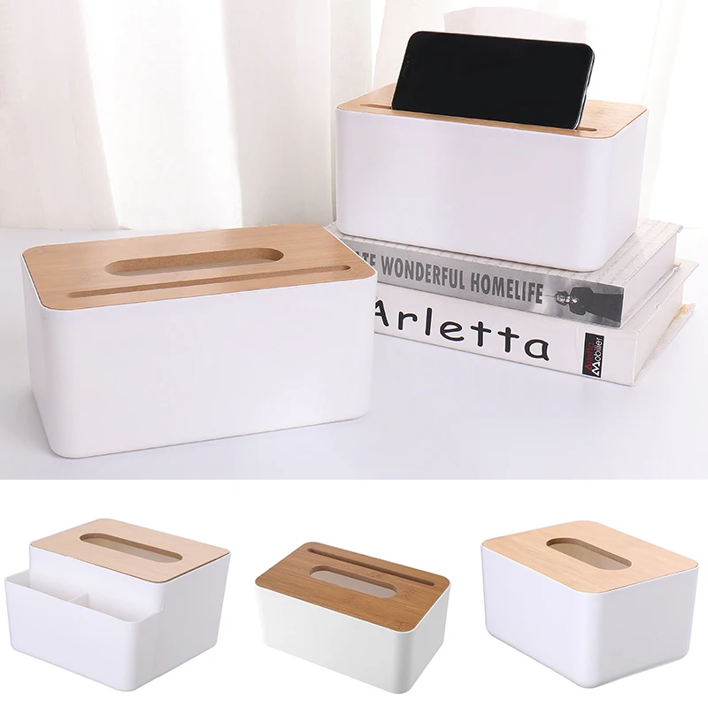 Tissue Storage Box Case Mobile Phone Holder with Wooden Lid for Home