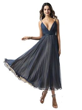 

Dark Navy Prom Dress V Neck A Line Spaghetti Straps Sleeveless Tea Length Evening Party Formal Gowns Prom Dresses