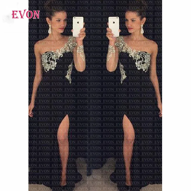 Robe De Soiree Сексуальные вечерние платья с одним плечом вышитые бисером Длинные рукава Выпускные платья с разрезом спереди вечернее шифоновое платье Выпускные платья