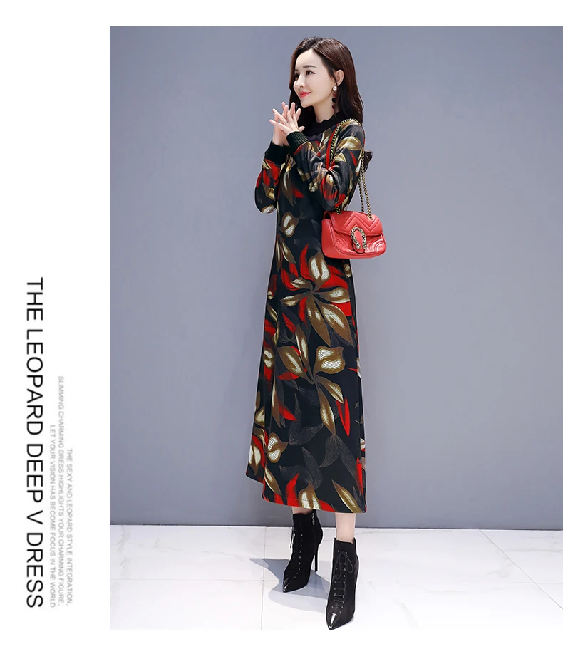 P Ammy Winter Plus Velvet thickening Floral print Retro Mid-Long Dress women Fleece Lining Slim Dress plus size