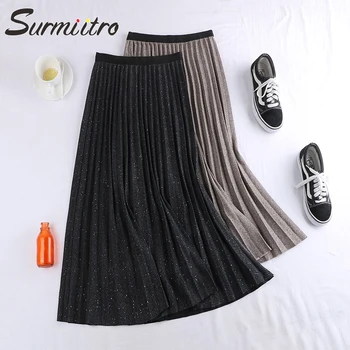 

Surmiitro Shiny Midi Pleated Skirt Women For Spring Autumn 2020 Ladies Korean Casual High Waist Black A Line Long Skirt Female