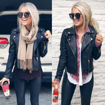 

New Arrival Fashion Women Ladies PU Leather Jacket Female Solid Street Style Cool Flight Coat Zip Up Biker Casual Tops Outwear