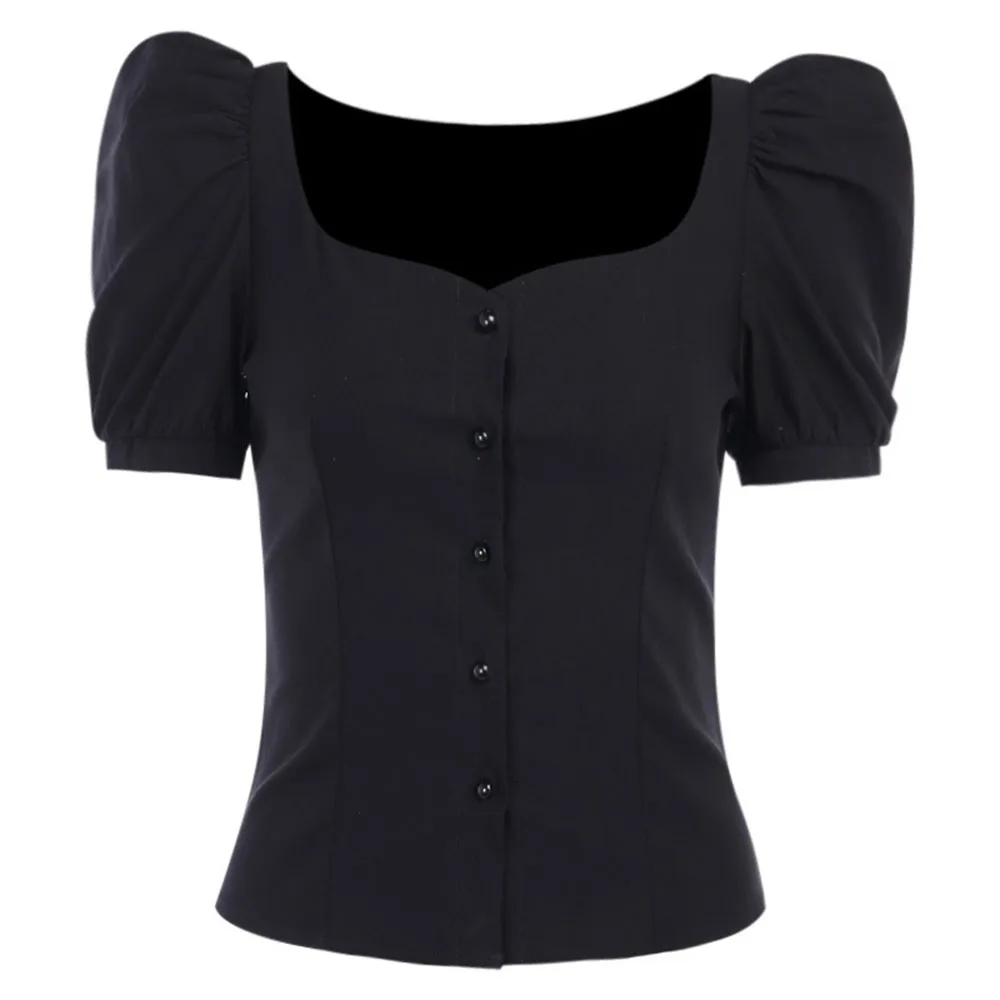 Rosetic Gothic Shirt Women Black Blouse Short Sleeve Retro Blouses Button Slim Chic Summer Tops Girl 2020 Fashion Design Shirts