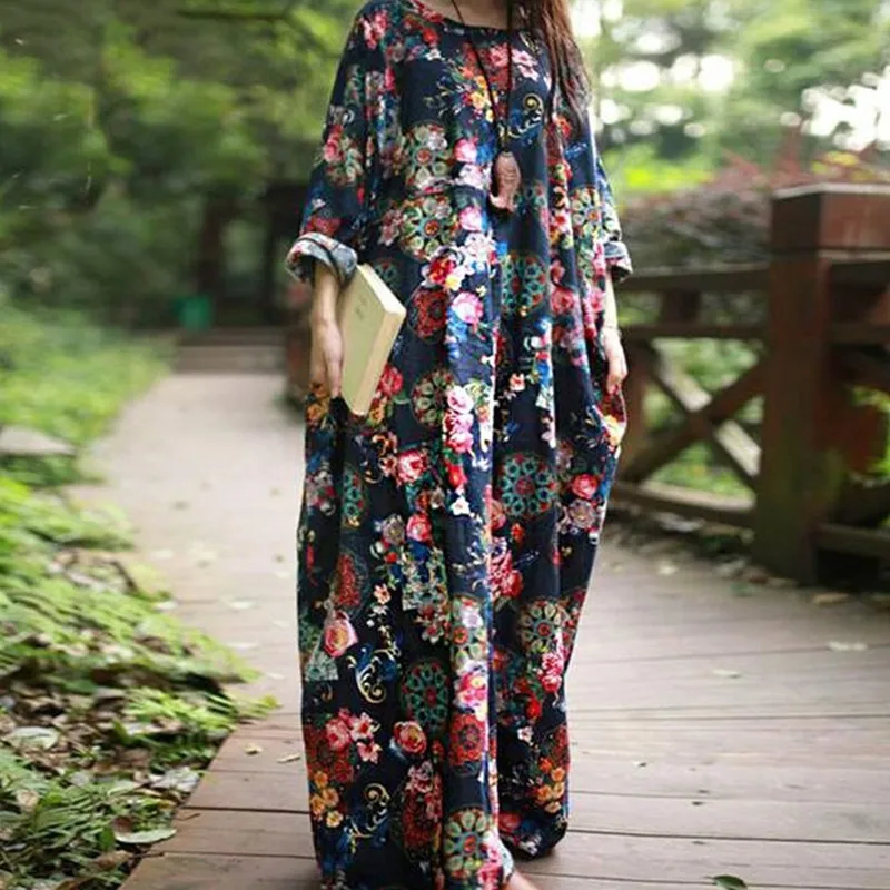 Vrouwen Vintage Plus Size Jurk Herfst Casual Batwing Mouw Trui Vrouwelijke Losse Print Jurken Vrouwen Vintage Plus Size Jurk Herfst Casual Batwing Mouw Trui Vrouwelijke Losse Print Jurken