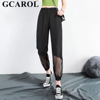

GCAROL Summer Spring Drawstring Sweatpants Ankle Length Pants Net Yam Splice Breathable Oversized Loose Harem Pants HighQuality