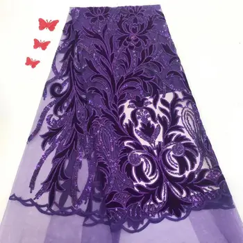 

2019 New African Velvet Lace Fabric With Sequins soft velveteen material purple Velvet Lace for wedding dress 5yards per FFJ-113