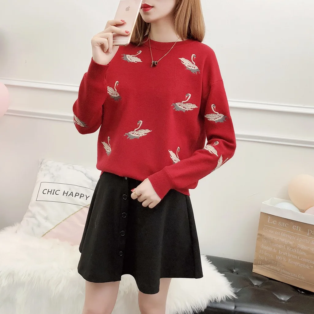 

Sweater Women's Autumn And Winter New Style Korean-style Crew Neck Pullover Loose-Fit Long Sleeve Versatile Little Swan Embroide