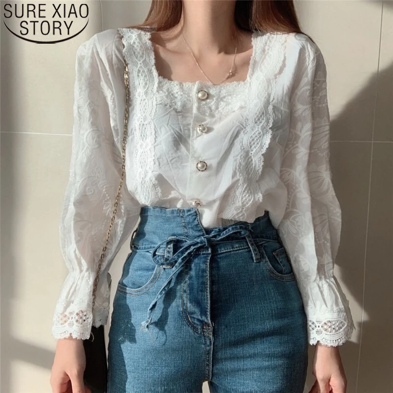 

Blusas Korea Shirt Vintage Hollow Flower Women Lace Clothes Square Collar Long Flare Sleeve Shirts Pearl Button Tops Chic 13688