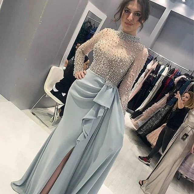 

Prom Dresses 2020 Mermaid Arabic Dubai Turkey Split Beading pearl Luxury Evening Gowns Long Sleeve Sweep Train Plus Size