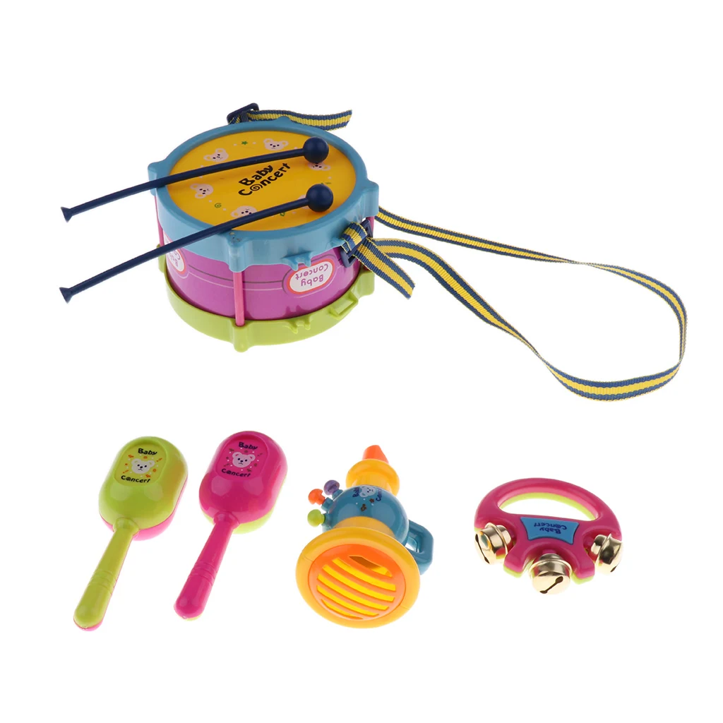 1 Set Plastic Hand Snare Drum Hand Bell Maracas Mini Trumpet for Kids Baby Toddler Preschool Musical Toys