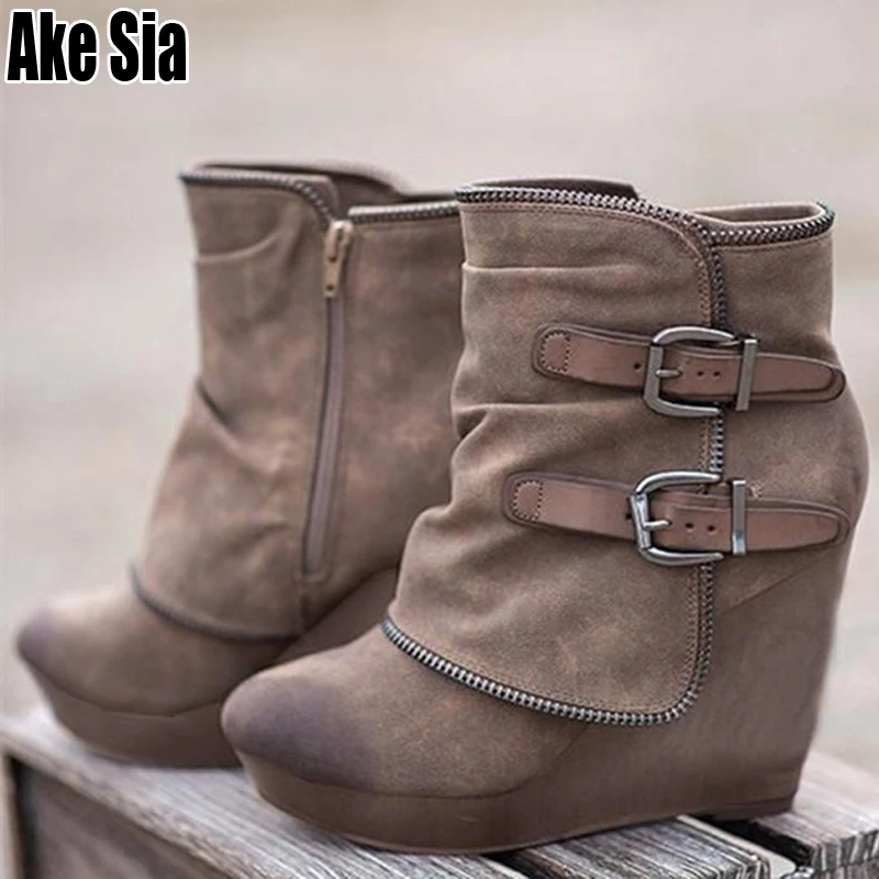 

Winter Women Snow Boots Round Toe Slip On Casual Hidden Wedge High Heels Woman Rome Ankle Boots Shoes Plus Size 35-43 Mujer C257