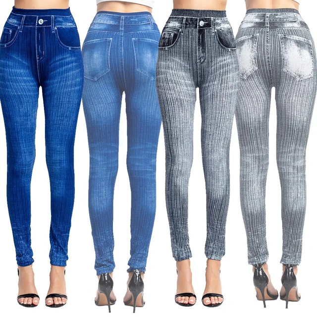 Women Jeggings Faux Denim Jeans Leggings High Waisted Tummy