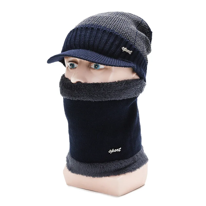 Новые зимние шапки Skullies Beanies с подкладкой толстые вязаные шапочки для мужчин и женщин шерстяной шарф шапки Балаклава шапка-маска - Цвет: Тёмно-синий