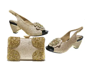

Amazing Champagne Color High Heels Women Shoes And Bag Nice Evening Party Sandals With Handbag Set GL1030 Height 6cm