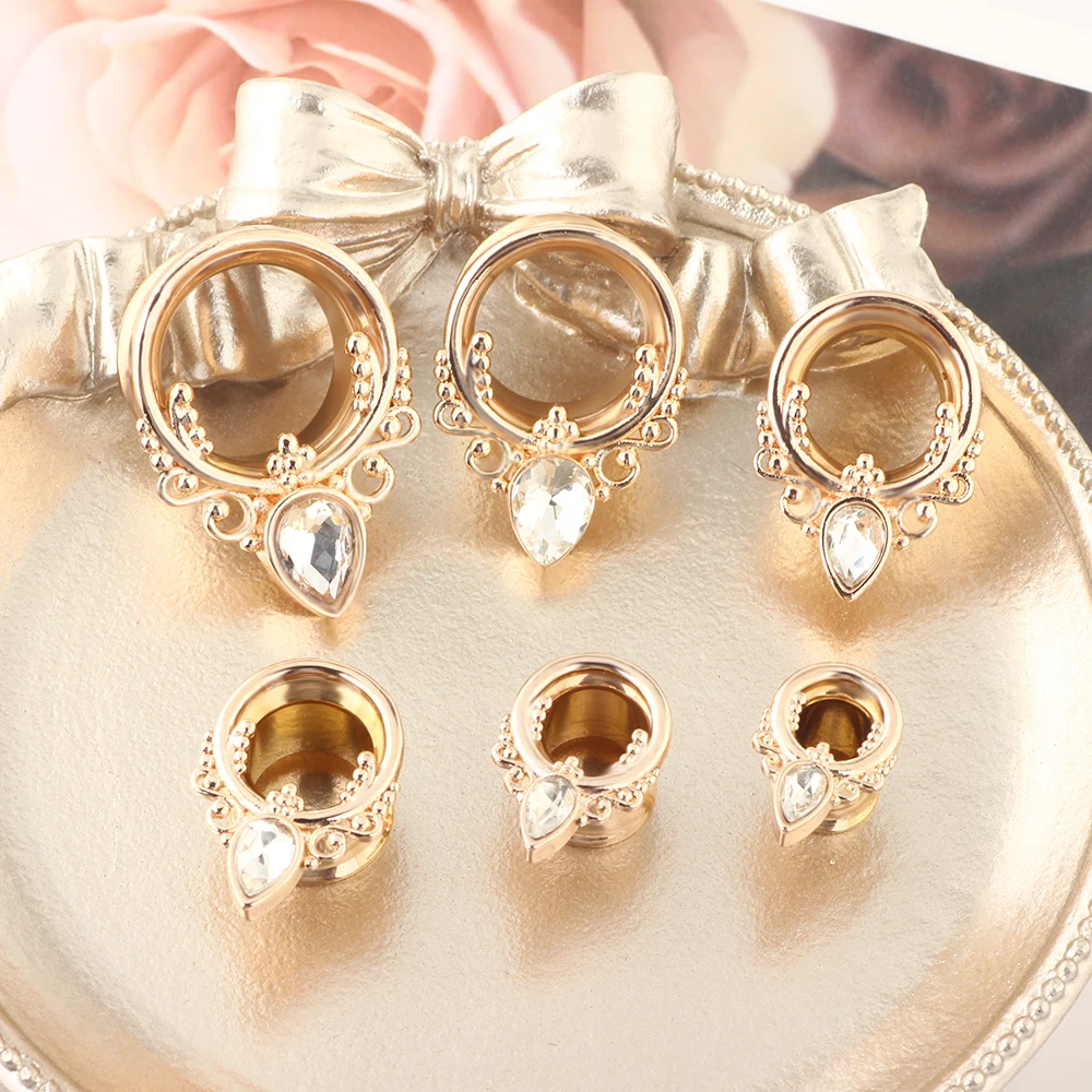 CZ crystal ear tunnels and plugs double flare ear piercing plugs gauges stretcher expander kit wholesales 6-16mm rose gold