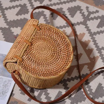 

Crossbody Shoulder Bag Rattan Handmade Round Straw Woven Boho Beach Travel Handbag And Everyday Use For Women,Leather
