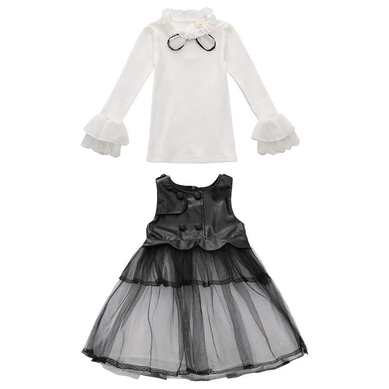 Модные комплекты одежды для маленьких девочек на весну-осень однотонная блузка с рукавами-лепестками+ платье-жилет детское платье принцессы из 2 предметов вечерние платья