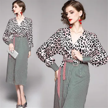 

European station 2019 autumn new fashion dresses long sleeve v-neck slim lace-up leopard print elegant sexy dress women