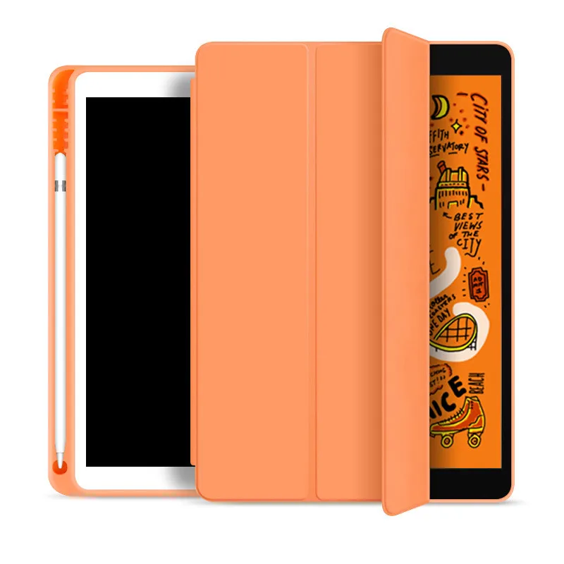 Для iPad 10,2 чехол с карандашом держатель для iPad 7-го поколения чехол TPU Мягкий силиконовый корпус полный защитный чехол Авто Режим сна/пробуждения - Цвет: Оранжевый