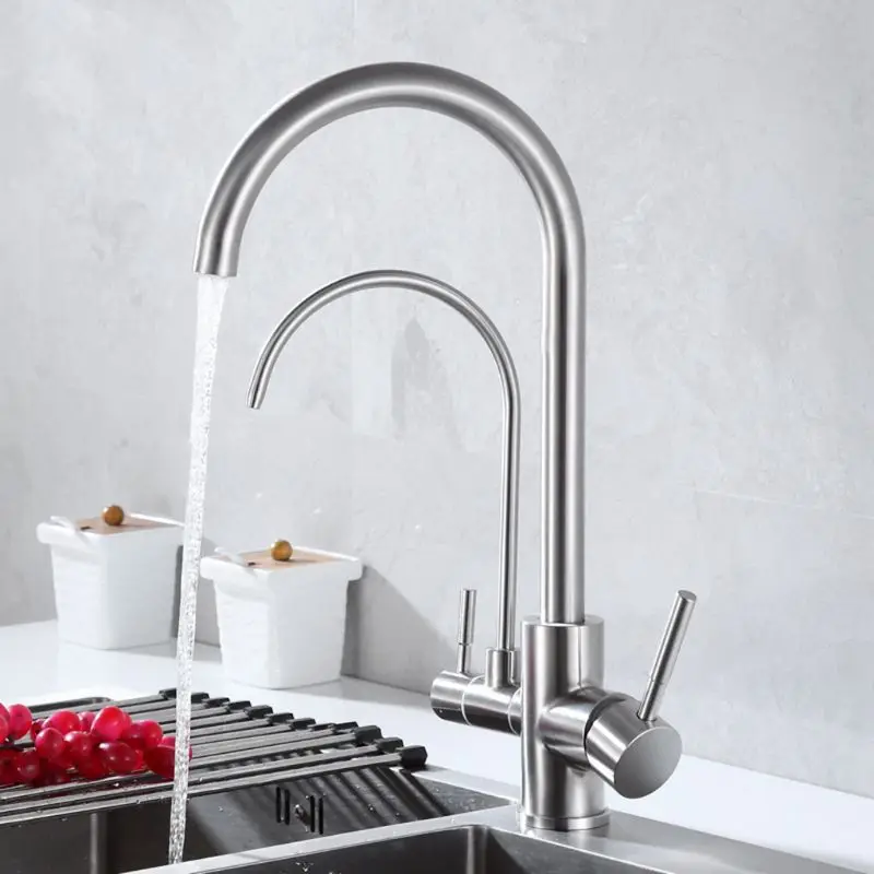 Stainless Steel Faucet with Clean Water Brushed Kitchen Hot and Cold Rotating Pure Sink Dual-Use Straight Drink Three in One Fau