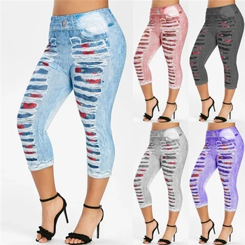 

3D Print Fake Jeans Leggings Women Plus Size High Waist Imitation Denim Trousers Capri Casual Workout Sports Pants 2020
