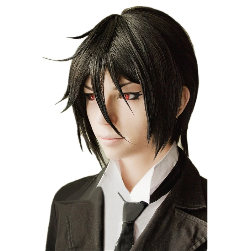 

Top Quality Kuroshitsuji Black Butler Sebastian Michaelis Short Black Heat Resistant Anime Cosplay Costume Wig + Wig Cap