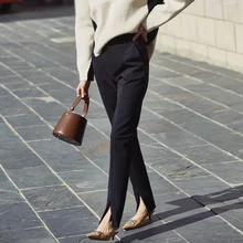 

Spring New Ladies Black Pencil Pants bottom split Casual Pants Simple slim Elastic long Trousers For Women