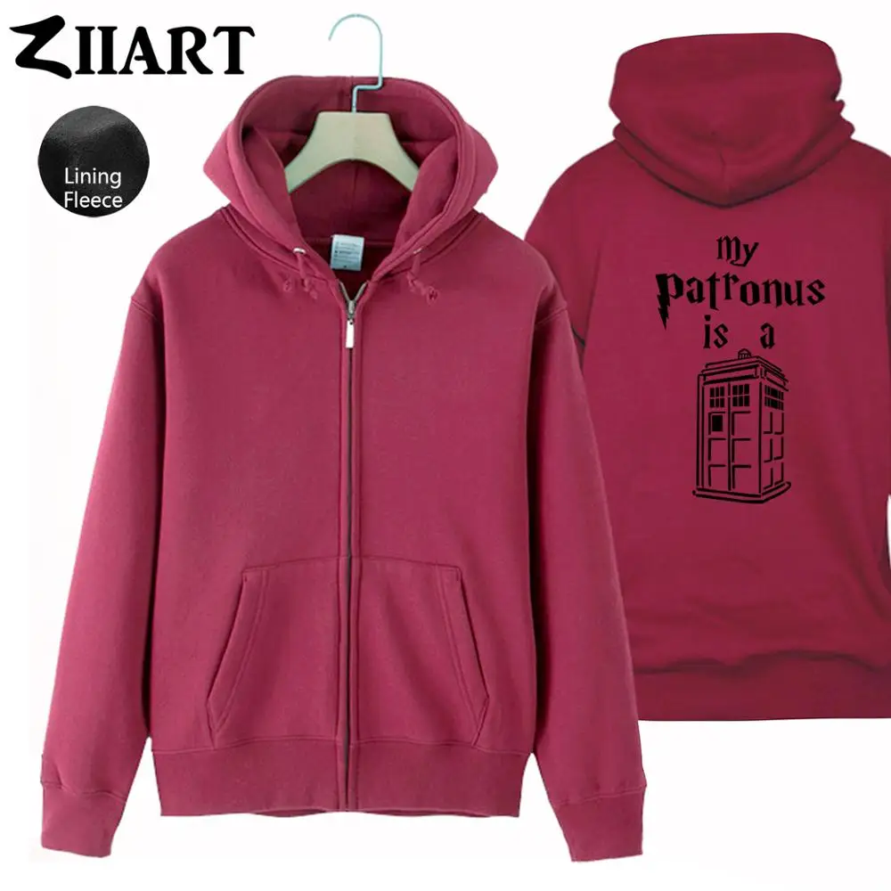 Wine Red Doctor Who My Patronus-это Tardis, Женская флисовая толстовка на молнии с капюшоном для девушек и женщин, одежда для пар, ZIIART - Цвет: Wine Red