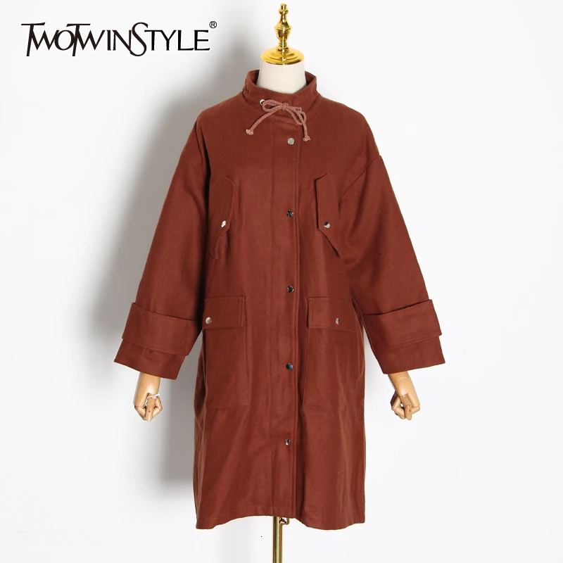 TWOTWINSTYLE, повседневное шерстяное Женское пальто, водолазка, длинный рукав, высокая талия, с рюшами, на шнуровке, Женское пальто, мода, одежда