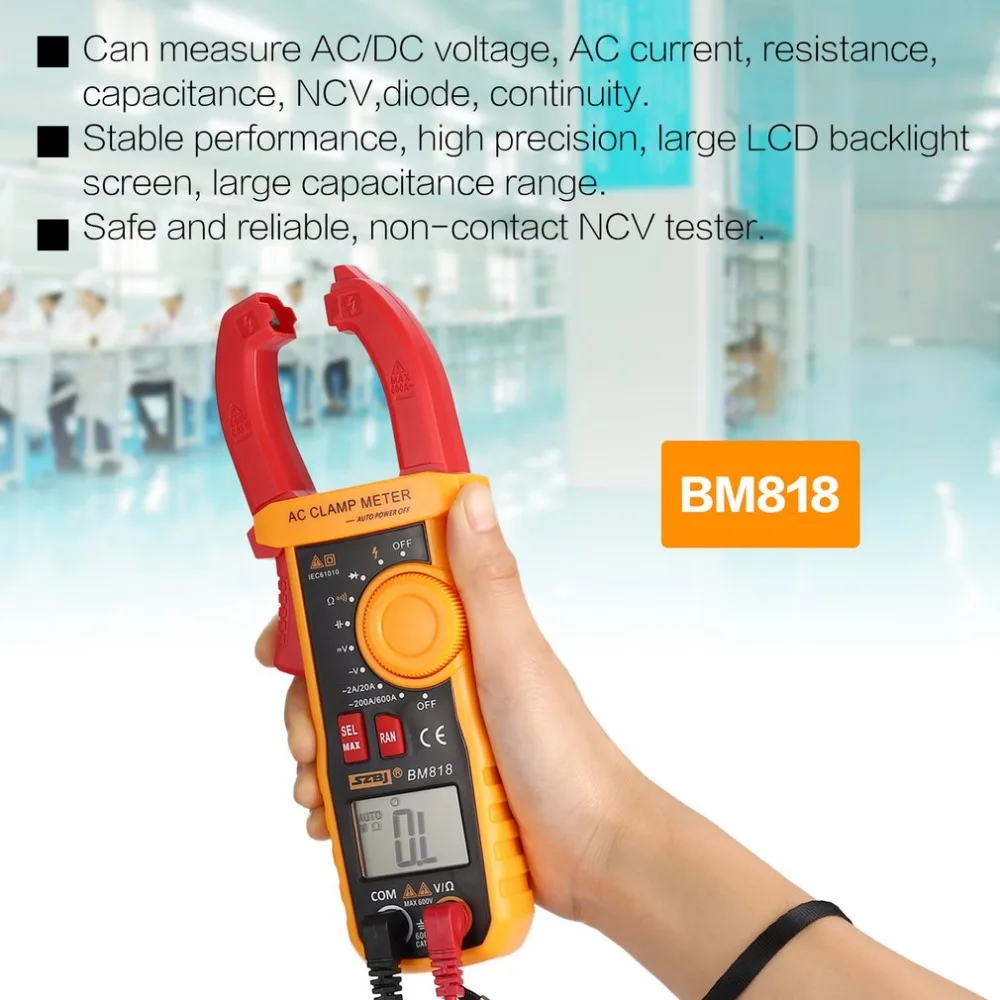 

SZBJ BM818 Digital DC/AC Clamp Meter Multimeter Volt Amp Ohm Diode NCV Capacitance Tester Handheld Non Contact Ammeter Tester