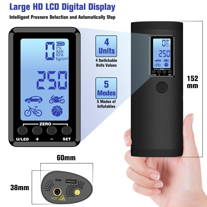 2000 мАч мини lcd перезаряжаемый воздушный компрессор насос портативный беспроводной насос для шин светодиодный светильник внешний аккумулятор usb зарядка для мотоцикла