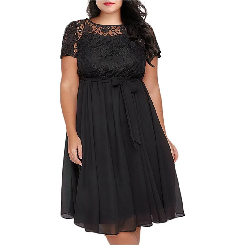 Летнее женское платье с коротким рукавом, женское винтажное повседневное свободное кружевное платье, 4XL, элегантное платье большого размера, женское вечернее платье - Цвет: Черный