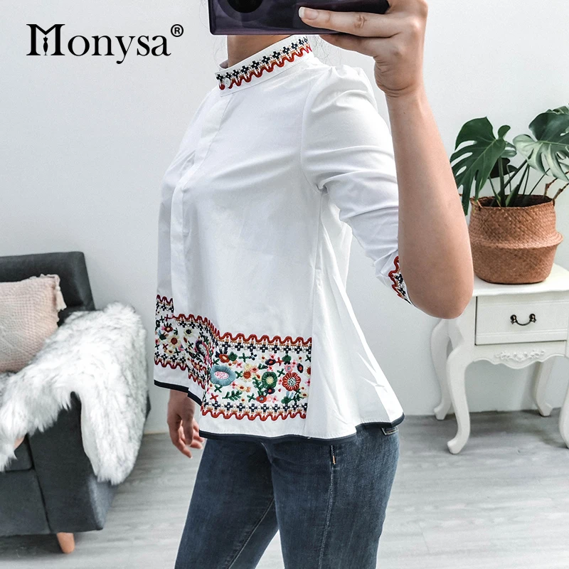 Embroidery Shirt Women Summer Autumn 2020 New Arrival Fashion 3/4 Sleeve Casual Blouses Ladies White Doll Shirt