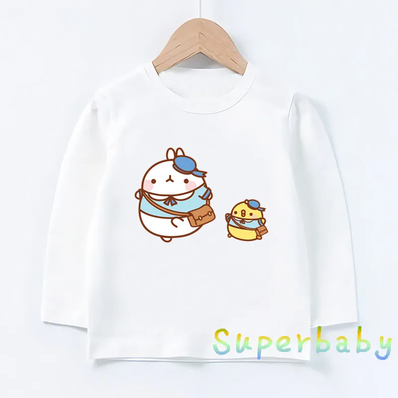 Molang and Piupiu/милый узор в виде кролика; футболка для маленьких мальчиков и девочек; Забавные топы с рисунками; детская футболка с длинными рукавами; LKP5217