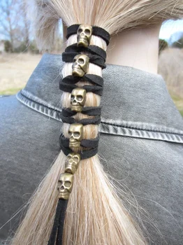

Skull Hair Jewelry Black Leather Hair Ties Ponytail Holder Biker Goth Punk Horror Wrap Extensions