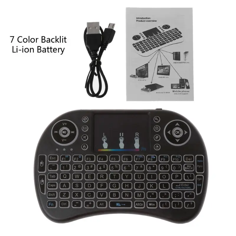 

Rechargeable 7/3 Color Backlit i8 Wireless Keyboard 2.4GHz Touchpad Fly Air Mouse PC TV PS3