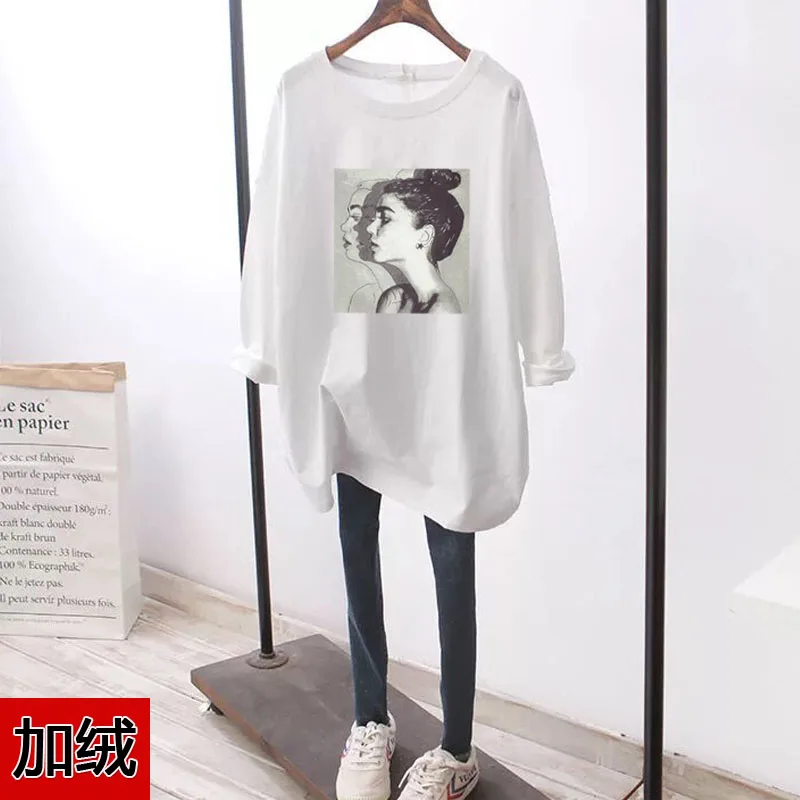 Большая женская осенняя футболка с длинным рукавом, 100 кг, Корейская версия, Свободный Тонкий джемпер средней длины - Цвет: 4 velvet