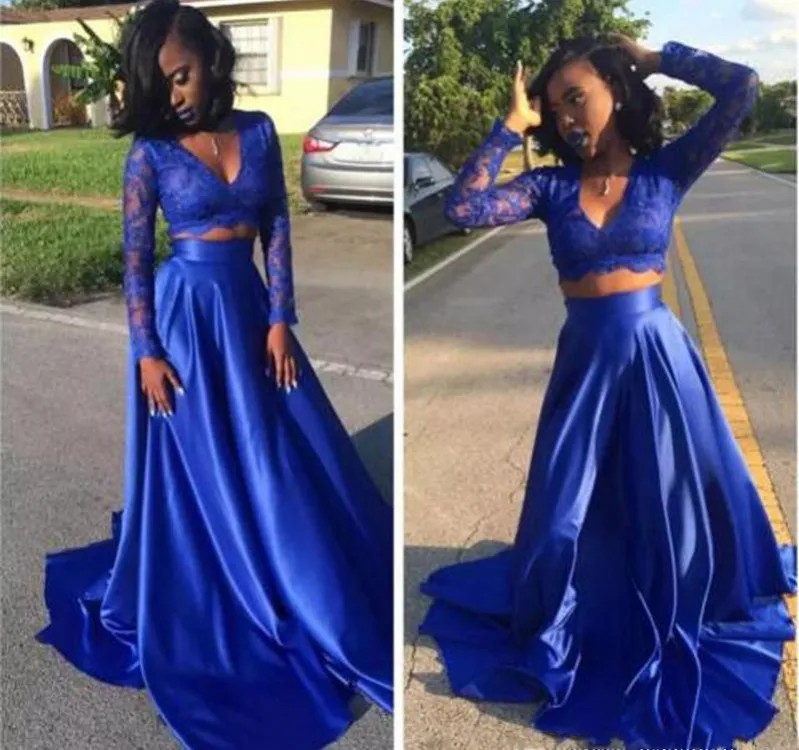 

Royal Blue Two Pieces Arabic Prom Dress South African A-line V-neck Long Graduation Evening Party Gown Plus Size Custom Made