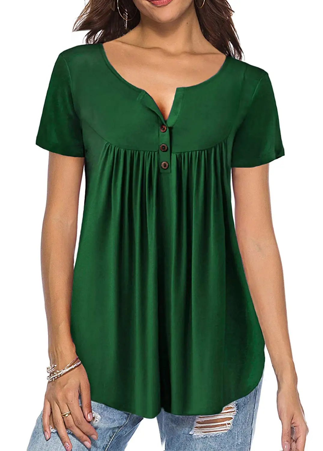 

JD7510 Women's Shirts Casual Short Sleeve Button Up Tunic Tops Solid Color Fit Flare Cashmere