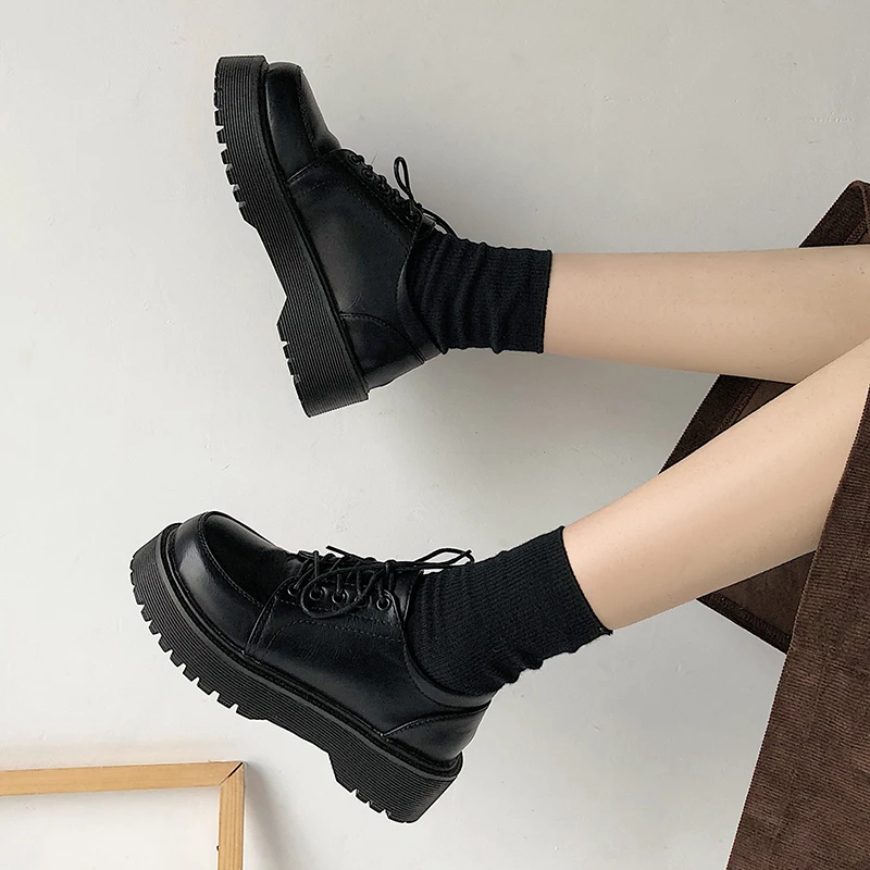 Zapatos Oxford con plataforma plana para mujer, calzado informal con cordones negros, de cuero, punta redonda, para primavera y otoño, 8901N