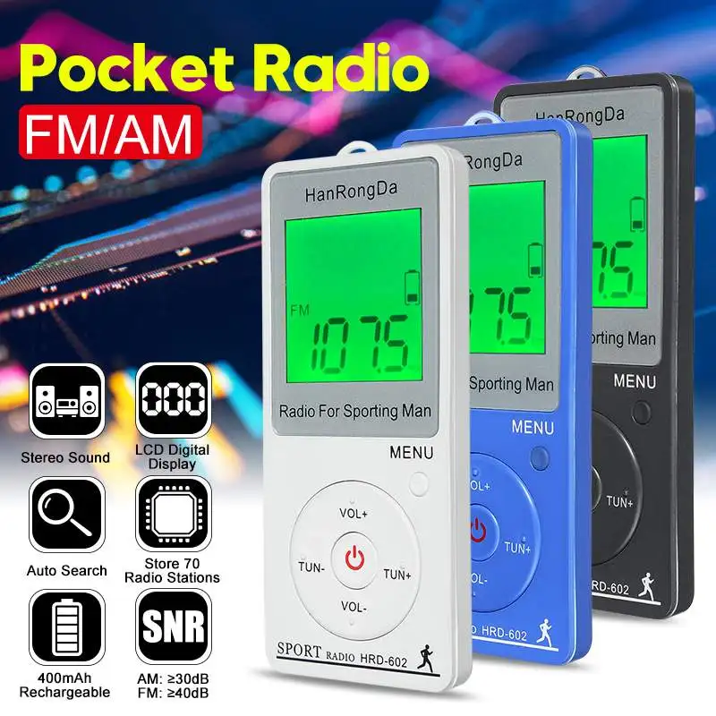 Automatic Search Mini Radio LCD Display AM/FM Dual Band Stereo Pocket Radio Receiver With Earphone Rechargeable Battery