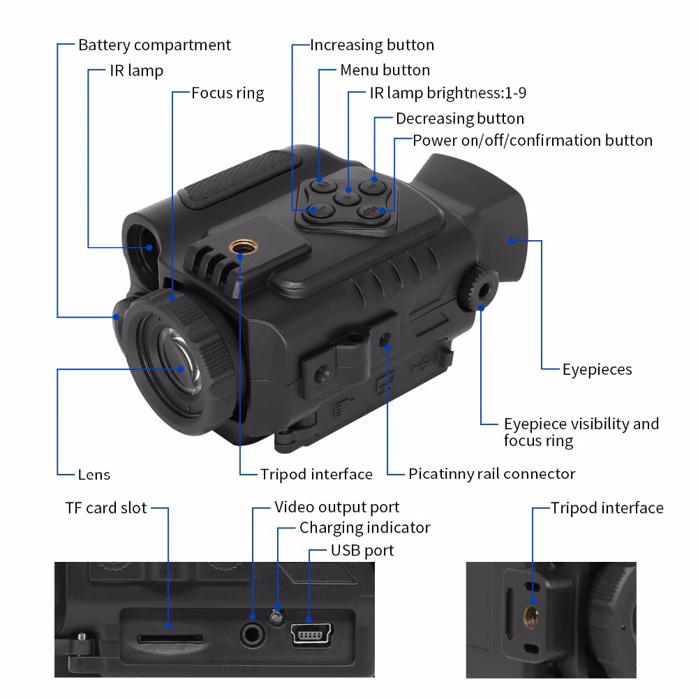 ZIYOUHU P4-0118 5X цифровой зум ночного видения монокулярный HD 200 М Инфракрасная камера видео записи изображения ночного видения для охоты