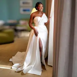 Boho Satin Wedding Dresses White Strapless Ruched Plus Size African Bridal Gowns Sexy Side Slit Marriage Vestidos De Novia