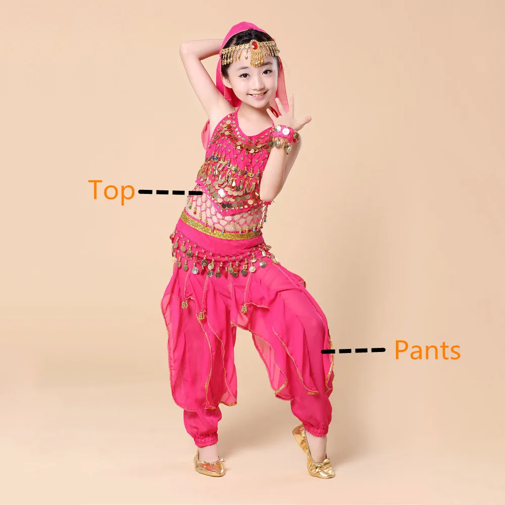 Rose 2pcs Детский костюм для танца живота, Болливуд, восточное платье для танца живота, комплект, индийский, Египетский, Египетский костюм, штаны, топ, Одежда для танцев для девочек, 5 шт - Цвет: Rose 2pcs